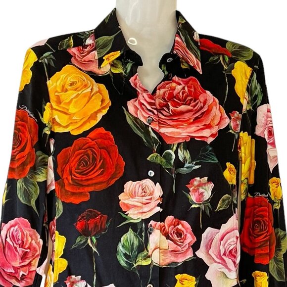 Dolce & Gabbana Fitted Long Sleeve Shirt Black Roses Print Handmade in Italy - Picture 4 of 11